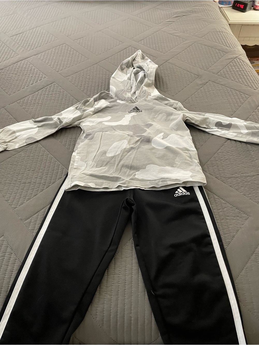 adidas Gray & White Camo Hoodie with Black Track Pants